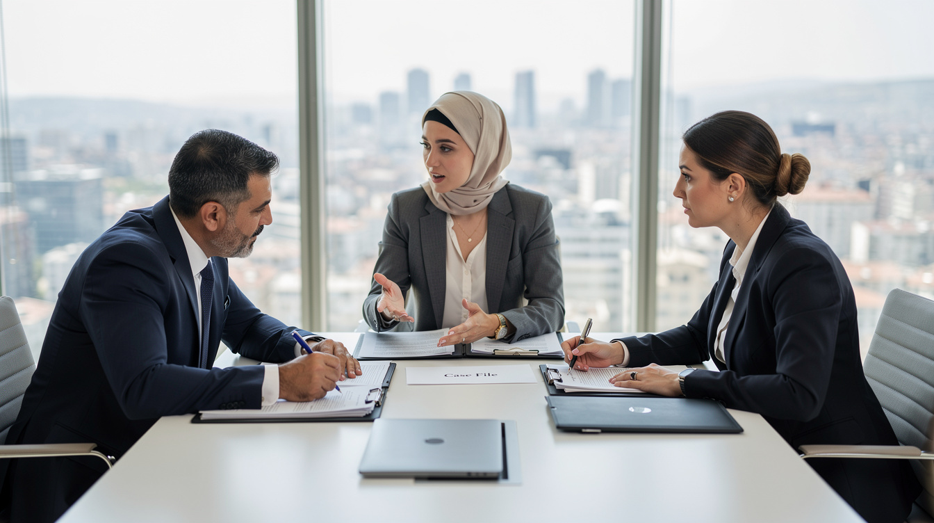 Team of lawyers discussing a case around a conference table