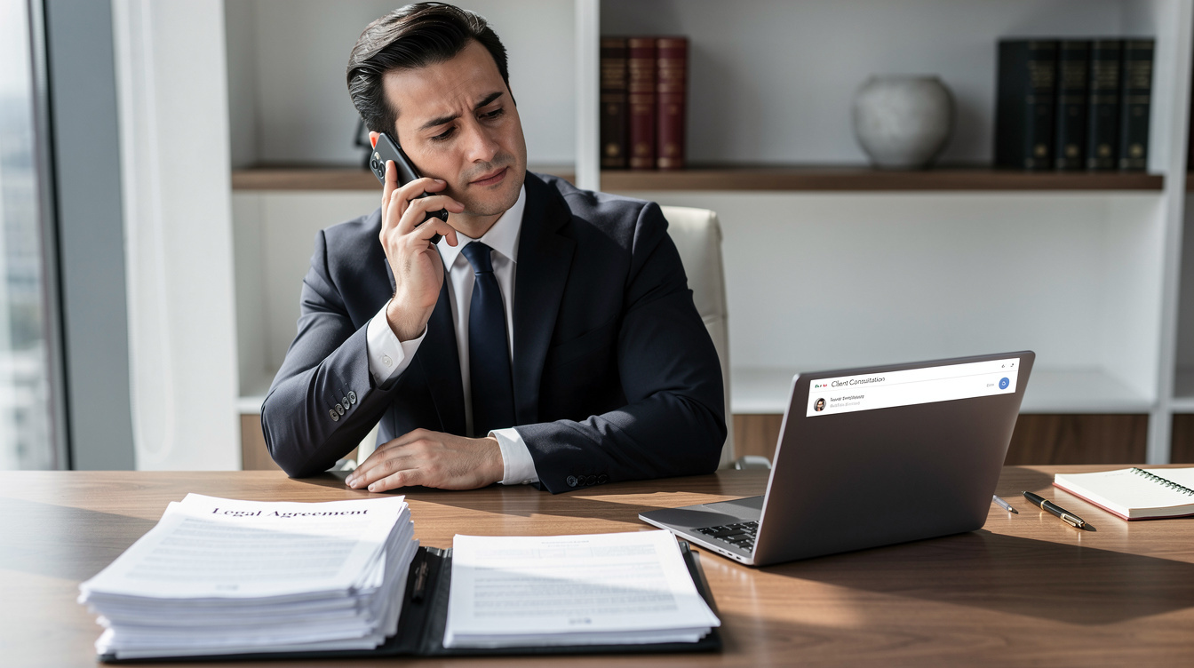 Lawyer on a phone call while reviewing case files