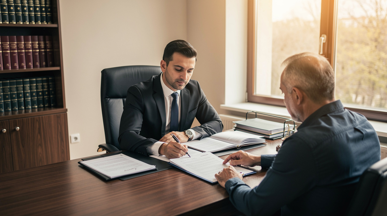 Lawyer and client reviewing inheritance documents at a desk